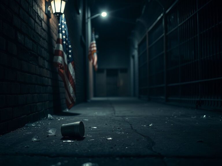 Flick International Shadowy alleyway in Houston at night with tattered American flag