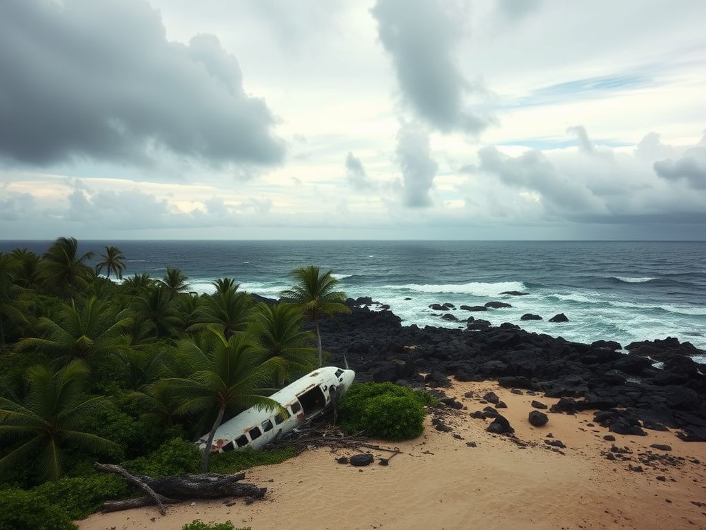 Flick International Remnants of a plane wreckage on Nikumaroro Island surrounded by lush vegetation under a stormy sky