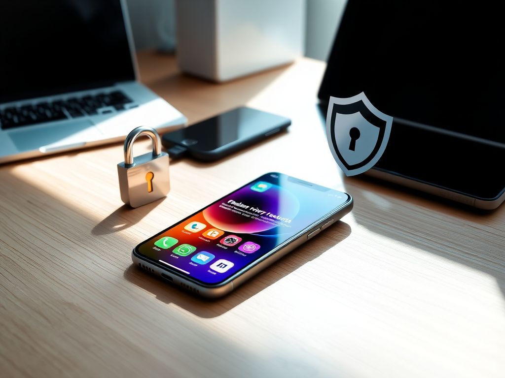 Flick International Modern smartphone displaying vibrant iOS 26.1 update interface with security symbols