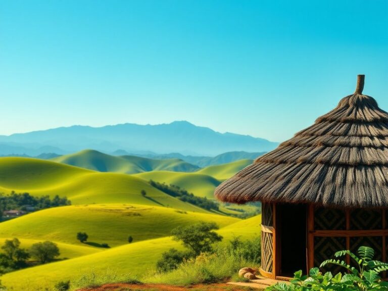 Flick International A serene landscape of Eswatini with a traditional Swazi hut and lush green hills
