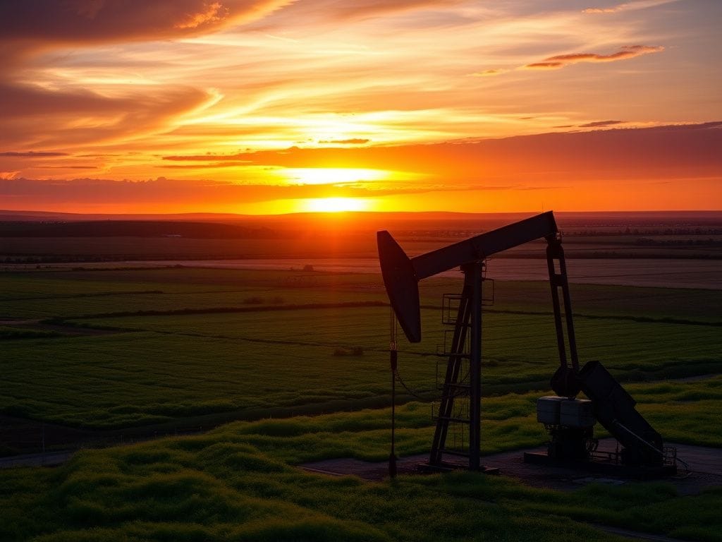 Flick International Dramatic sunset over an oil field with an old oil well amidst lush green fields