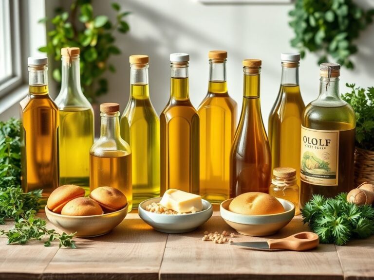 Flick International A flat lay of various processed vegetable oils in glass bottles alongside baked goods on a wooden table