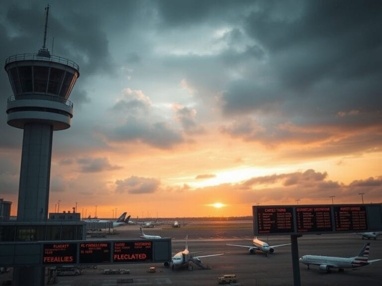 Flick International Aerial view of an airport control tower with a cloudy sky and busy runway