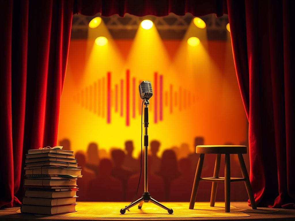 Flick International Stand-up comedy stage illuminated with warm lights and a vintage microphone
