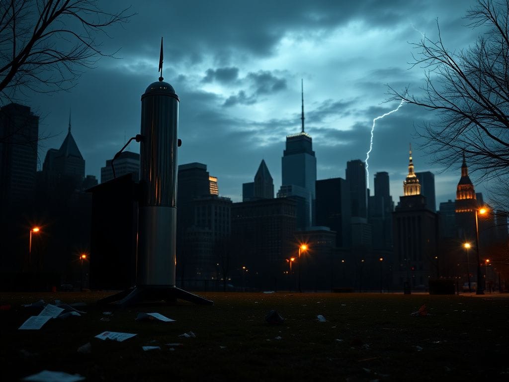 Flick International Dimly lit New York City skyline at dusk with political podium