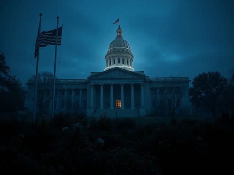 Flick International An empty Virginia State Capitol building at dusk with an American flag at half-mast