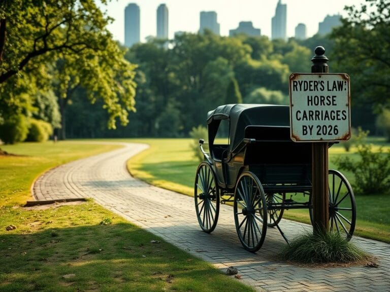 Flick International Empty horse-drawn carriage in Central Park with a sign for Ryder's Law