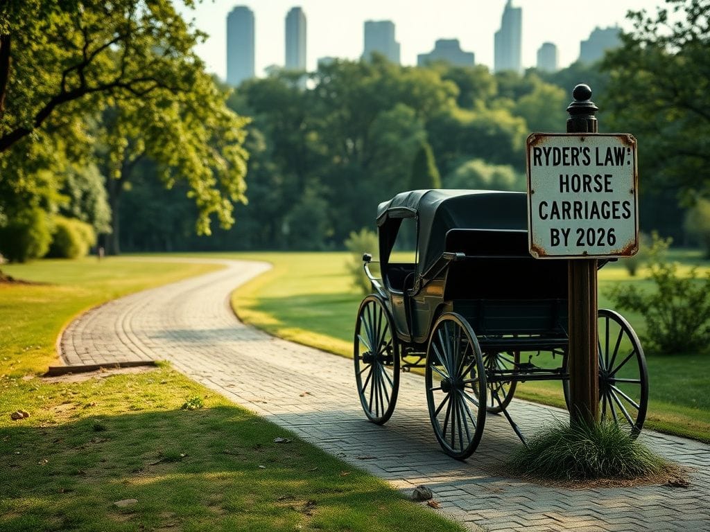 Flick International Empty horse-drawn carriage in Central Park with a sign for Ryder's Law