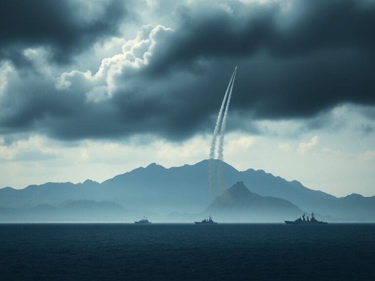 Flick International Coastal landscape of North Korea with silhouette of rugged mountains and calm ocean under storm clouds