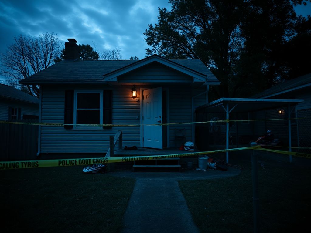 Flick International Front view of a modest home in Forest City, cordoned off with police tape after a home invasion incident