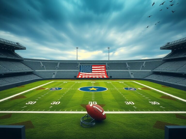 Flick International A stylized NFL football field with an American flag at the center and camouflage patterns