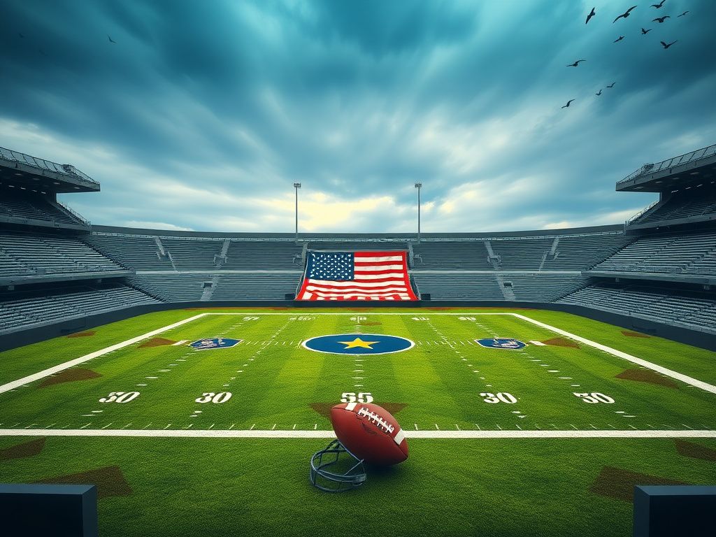 Flick International A stylized NFL football field with an American flag at the center and camouflage patterns