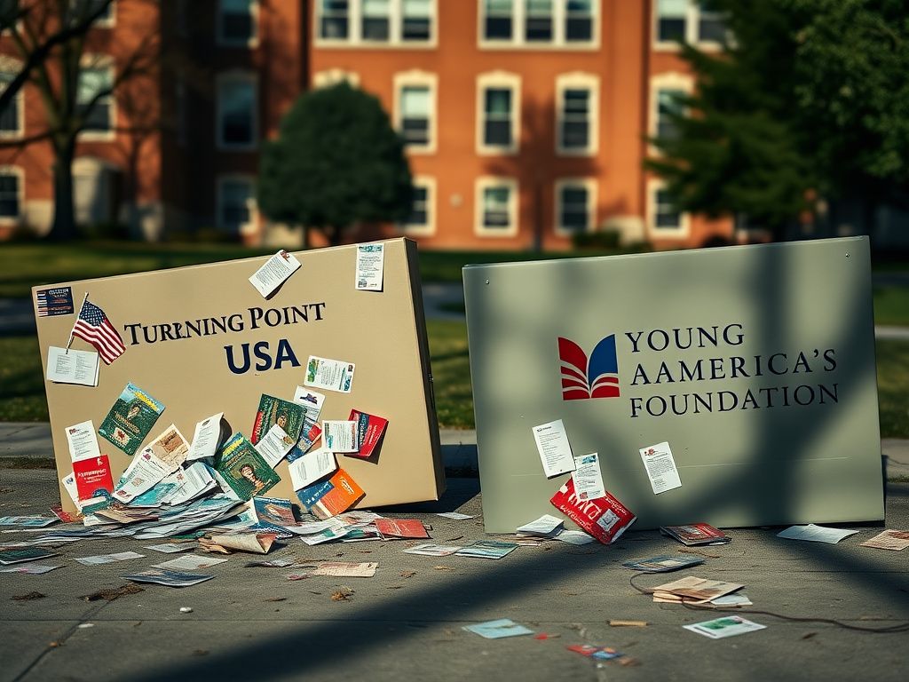 Flick International Scene depicting two overturned tables labeled with Turning Point USA and Young America's Foundation logos on a university campus with scattered promotional materials