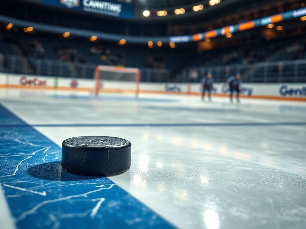 Flick International Close-up of a hockey puck on the ice at a rink, highlighting the scuffed surface and vibrant blue and white markings.