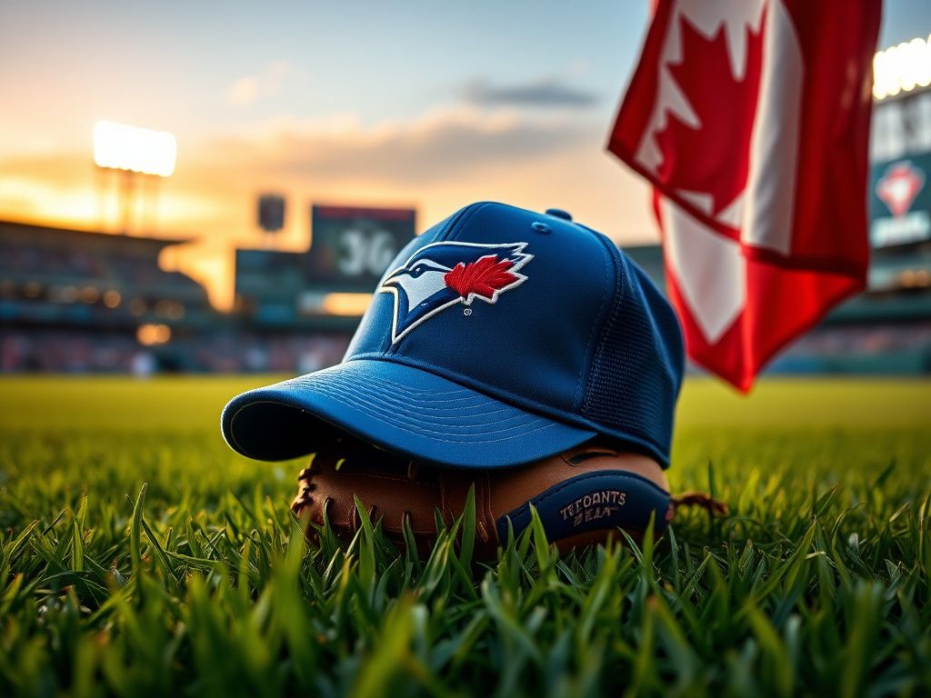 Flick International Close-up of a baseball glove and Toronto Blue Jays cap on green grass