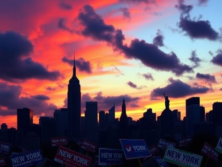 Flick International New York skyline at sunset with Empire State Building and Statue of Liberty under dark clouds