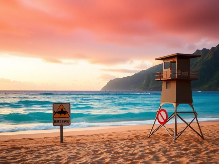 Flick International Serene view of Hanalei Bay with warning signs for shark sighting