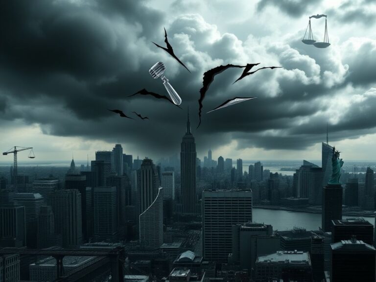 Flick International A dramatic cityscape of New York City featuring the skyline, Statue of Liberty, and Brooklyn Bridge with a cracked dollar sign symbolizing financial conflict.