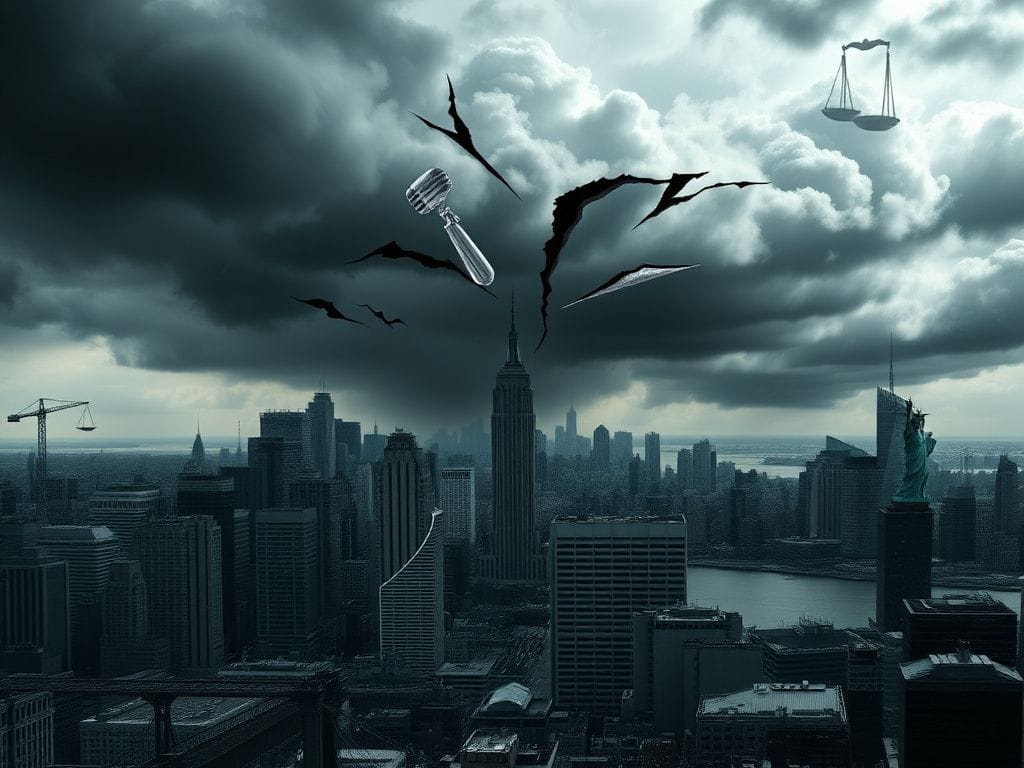 Flick International A dramatic cityscape of New York City featuring the skyline, Statue of Liberty, and Brooklyn Bridge with a cracked dollar sign symbolizing financial conflict.