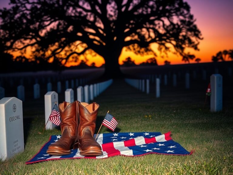 Flick International A serene military cemetery at dusk with shiny cowboy boots on a USA flag