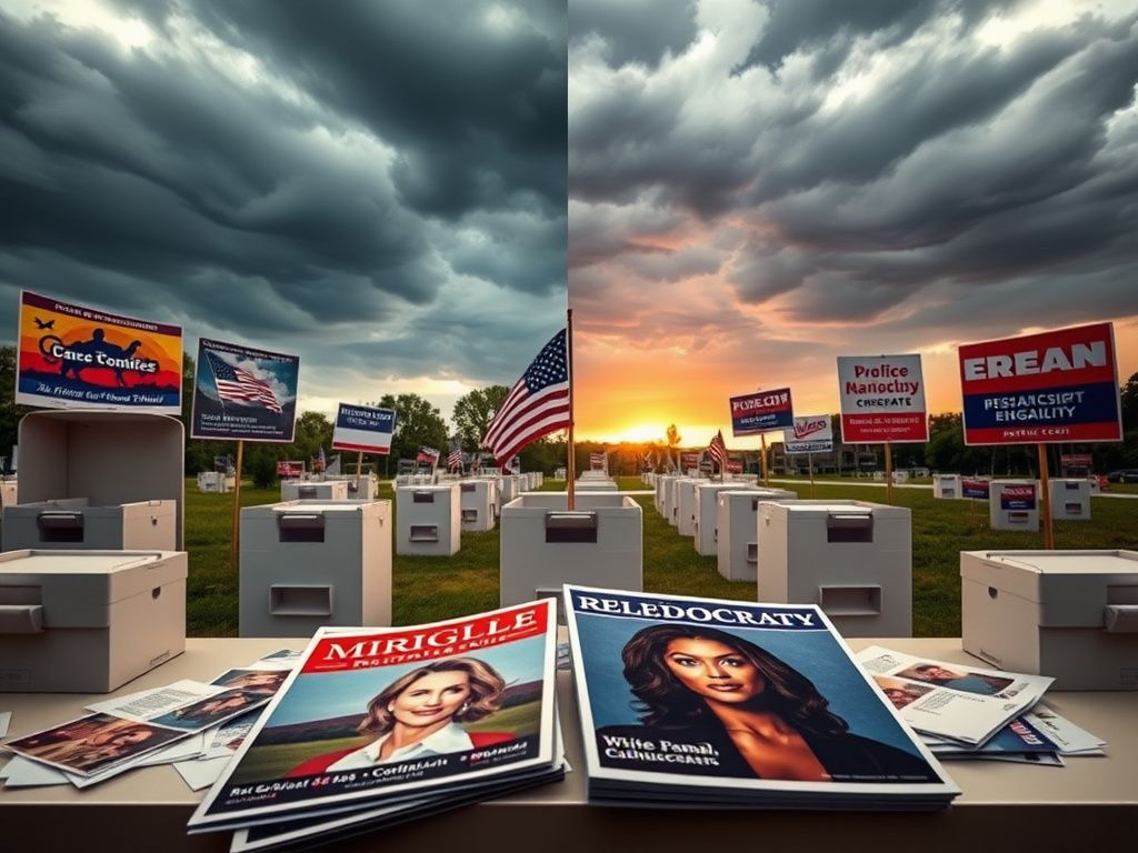 Flick International A traditional polling place in Virginia with vibrant Democratic artwork and faded Republican signs symbolizing political division
