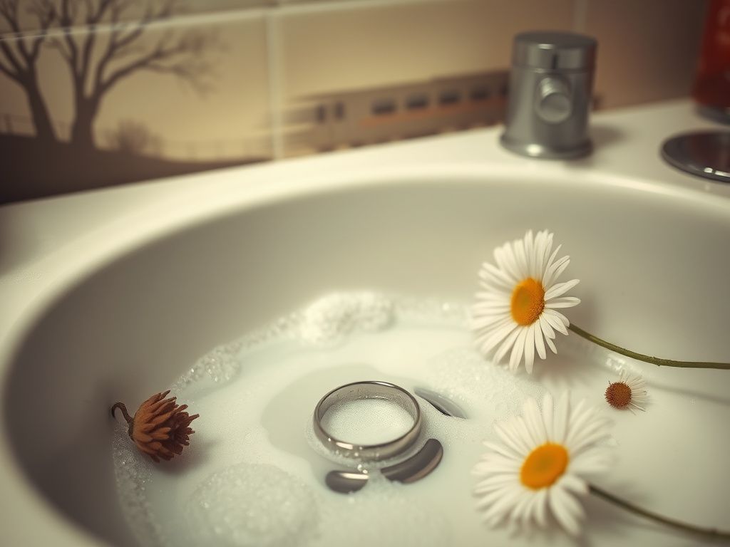 Flick International A broken wedding ring lies in a kitchen sink, surrounded by soap suds and wilted flowers, symbolizing lost love.
