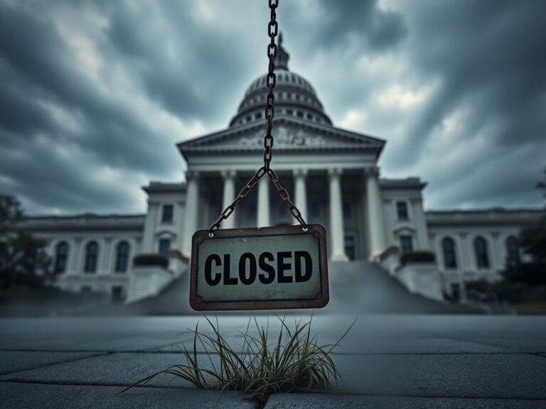 Flick International Somber exterior of a government building during ongoing shutdown