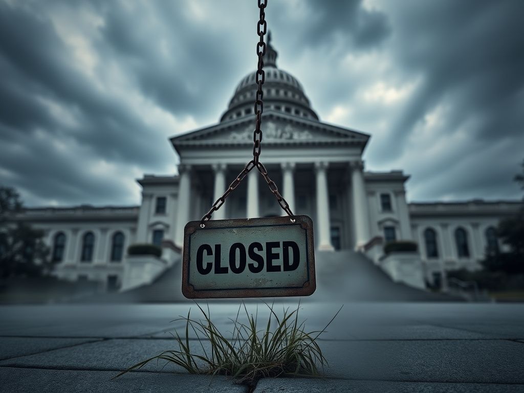 Flick International Somber exterior of a government building during ongoing shutdown