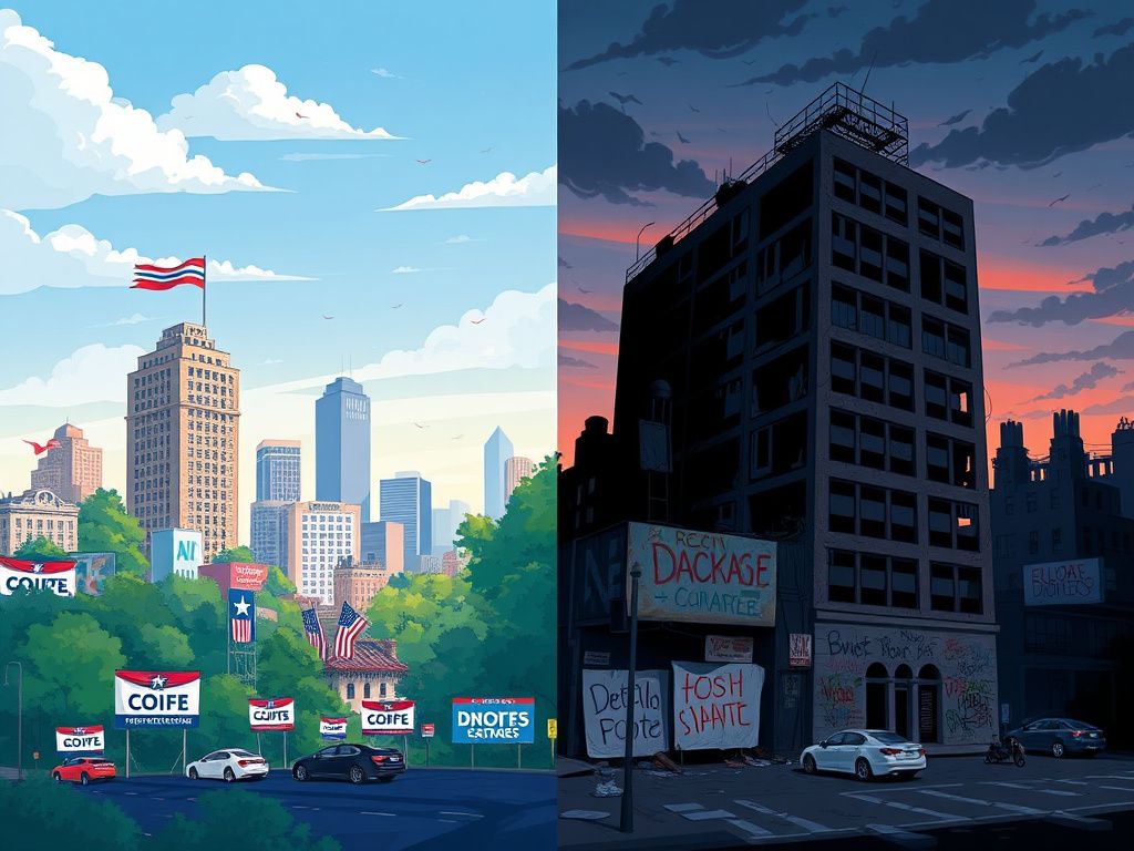 Flick International A conceptual illustration of a split political landscape showing both recent Democratic victories and internal challenges within the party