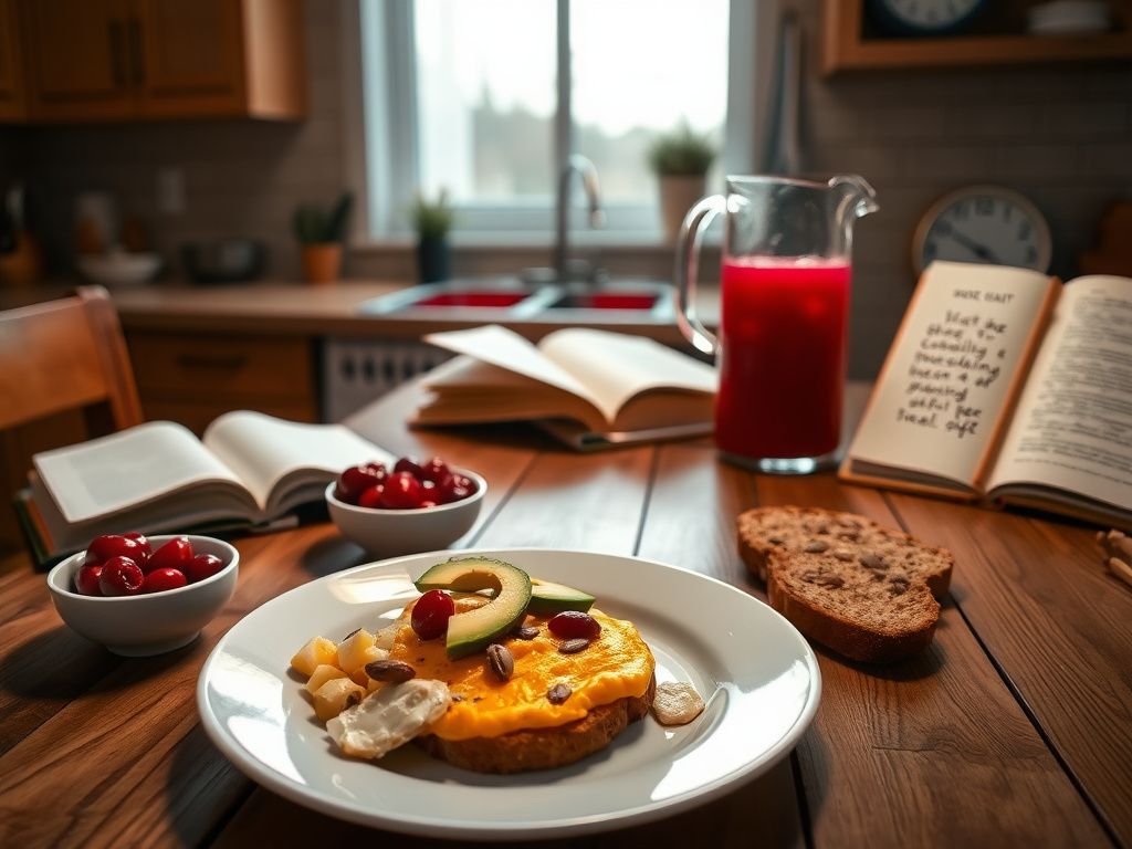 Flick International Cozy kitchen scene illuminated by dim lighting featuring a nutritious breakfast and cherry juice