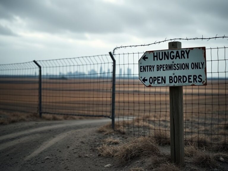 Flick International A stark landscape with a closed border crossing, featuring a high fence and weathered signpost indicating restricted entry to Hungary.
