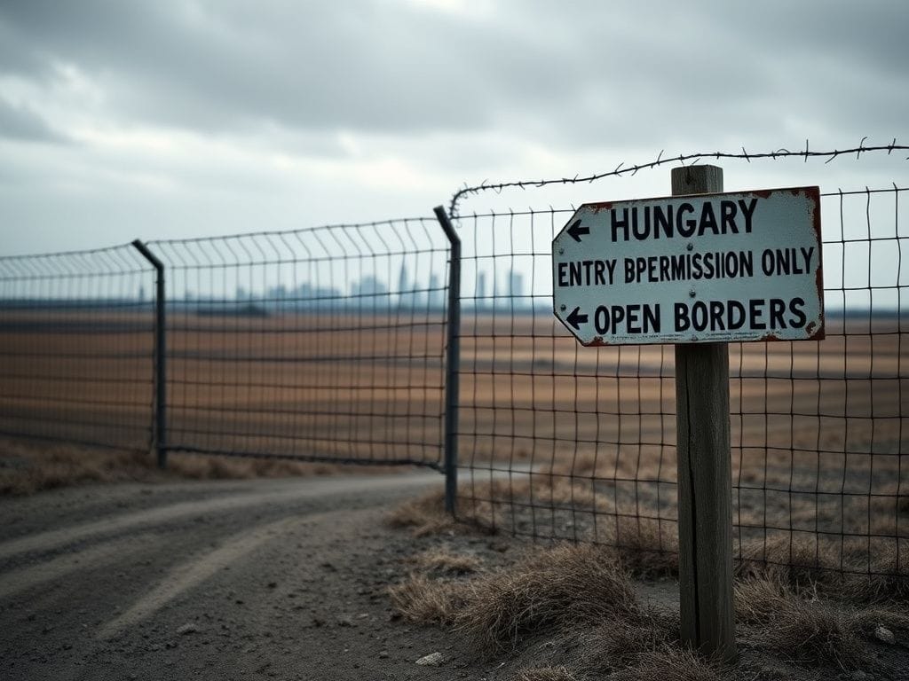 Flick International A stark landscape with a closed border crossing, featuring a high fence and weathered signpost indicating restricted entry to Hungary.