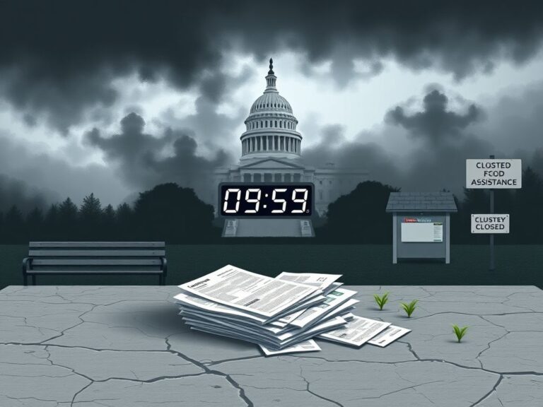 Flick International A government building under dark clouds with unpaid bills in the foreground, symbolizing the impact of the government shutdown