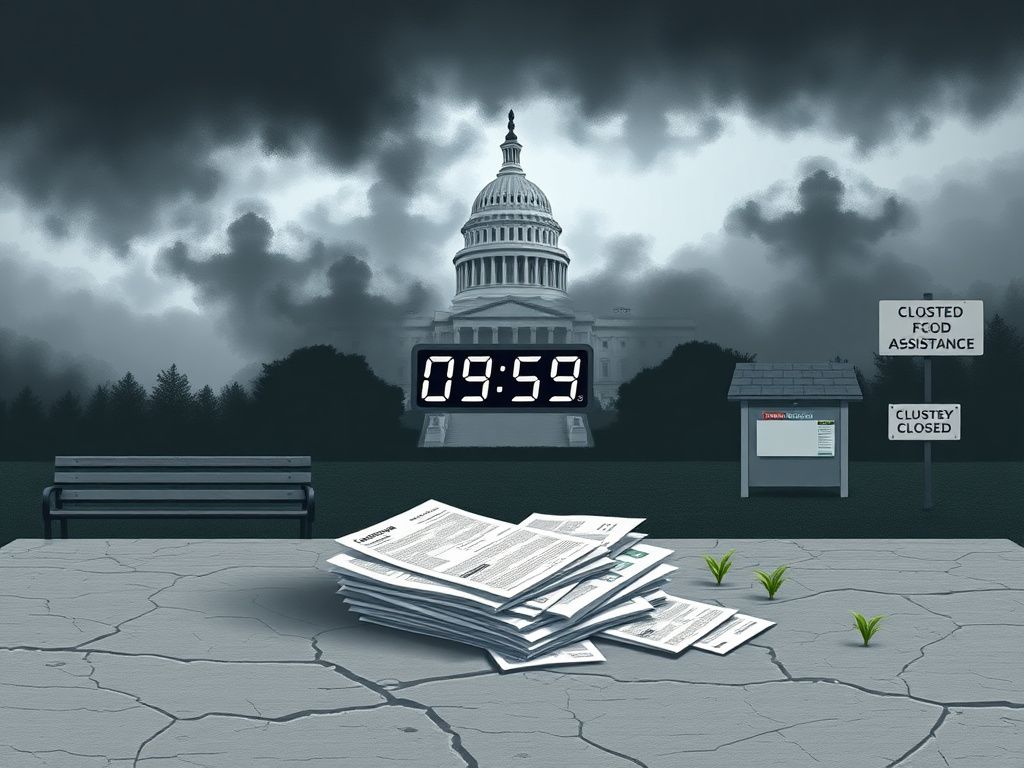 Flick International A government building under dark clouds with unpaid bills in the foreground, symbolizing the impact of the government shutdown