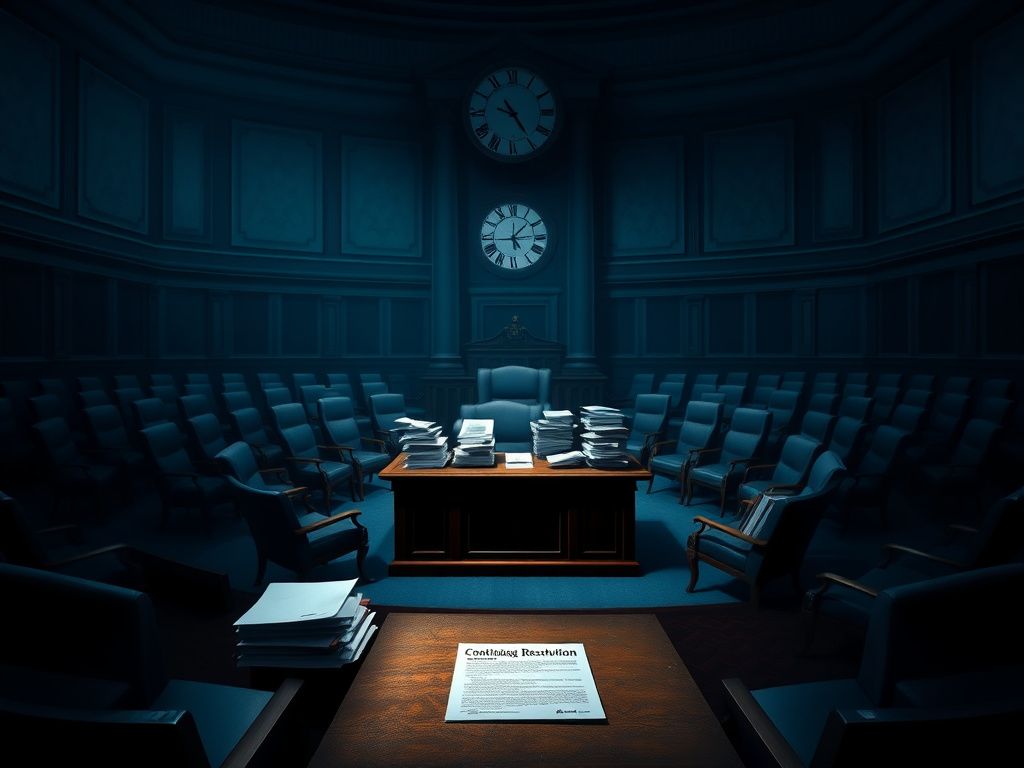 Flick International Dimly lit Senate chamber with empty chairs symbolizing stalled negotiations
