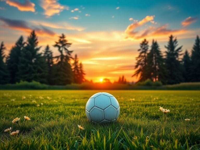 Flick International A serene soccer field at dusk with a single soccer ball resting on lush green grass surrounded by wildflowers