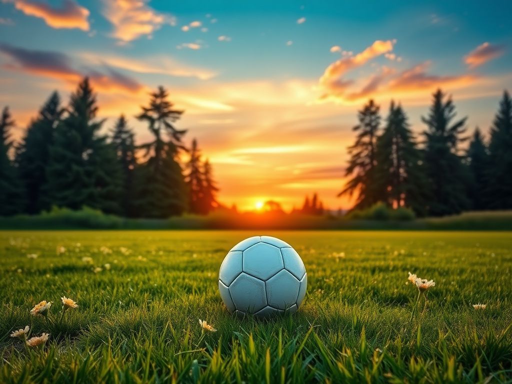 Flick International A serene soccer field at dusk with a single soccer ball resting on lush green grass surrounded by wildflowers