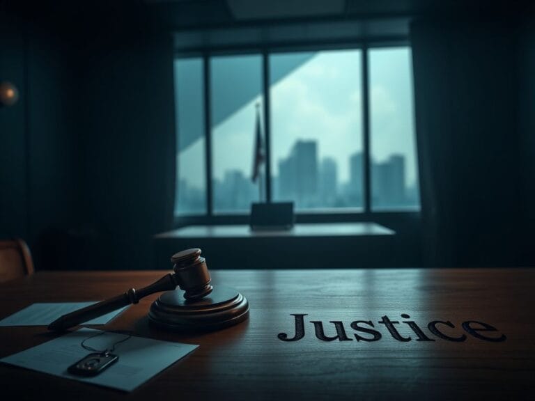 Flick International A somber courtroom scene with an empty judge's bench and a wooden gavel
