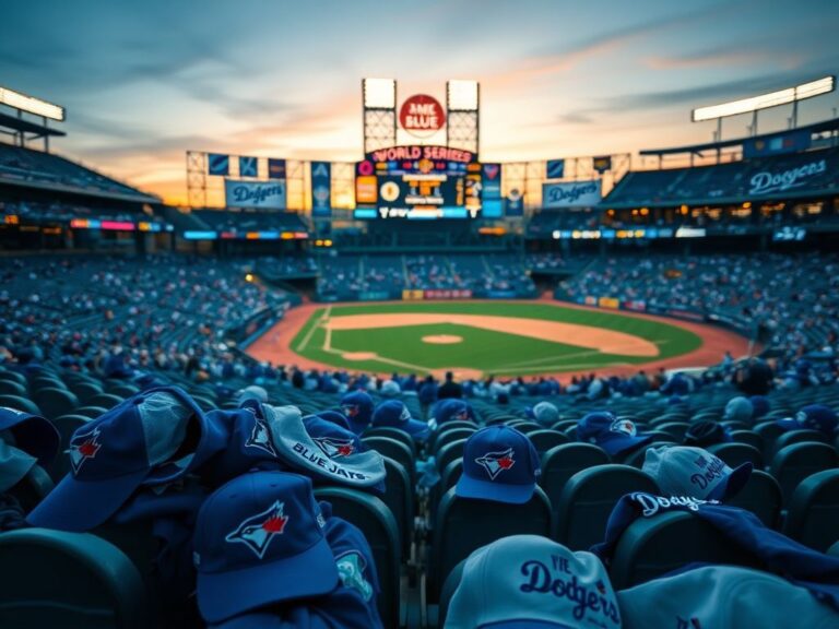 Flick International A vibrant scene at a World Series game with empty Blue Jays merchandise in the foreground.