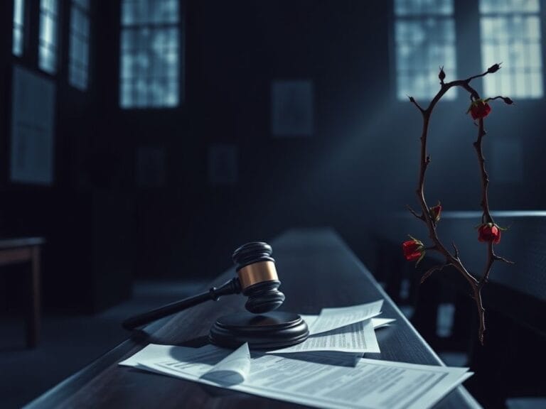 Flick International Moody courtroom interior with dim lighting and a gavel on a dark wooden bench