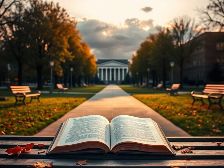 Flick International Serene college campus scene with pathway, benches, open book, and autumn leaves