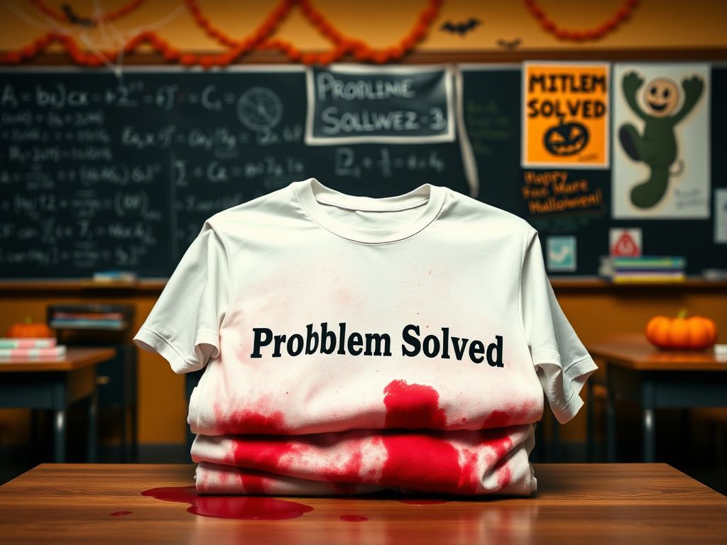 Flick International Classroom scene with Halloween decorations and 'Problem Solved' t-shirts on a desk