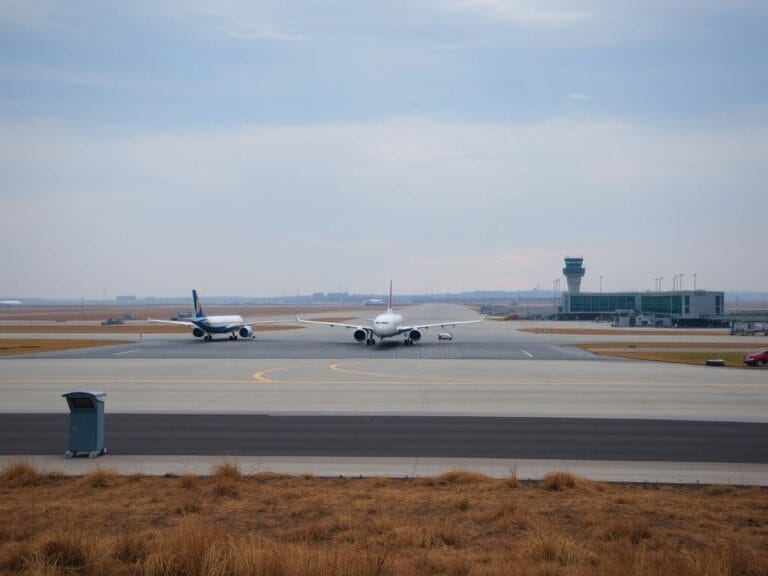 Flick International Aerial view of a partially empty airport runway with parked airplanes under overcast skies