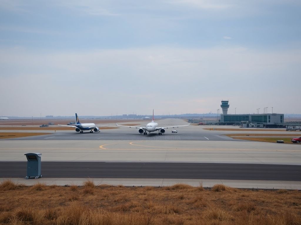 Flick International Aerial view of a partially empty airport runway with parked airplanes under overcast skies