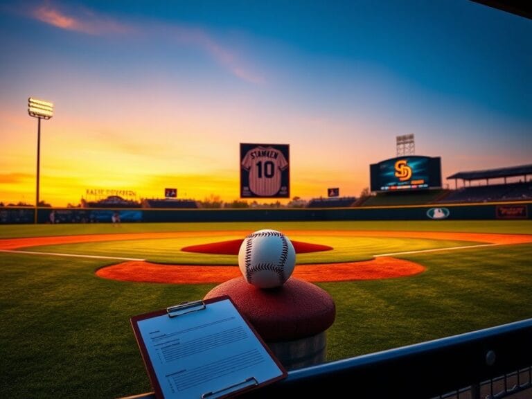 Flick International A vibrant baseball field scene at twilight with a clipboard on the bench and a framed jersey representing Craig Stammen and the Padres.