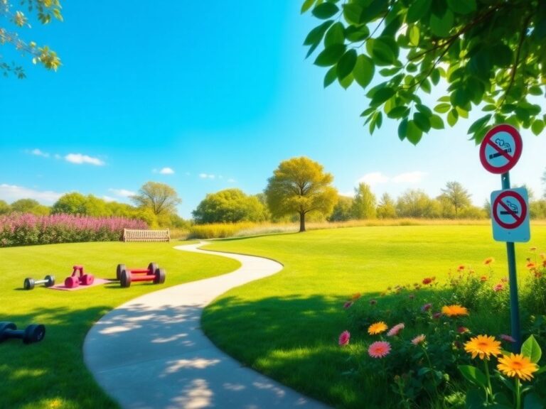 Flick International Lush green park with exercise equipment promoting a smoke-free lifestyle