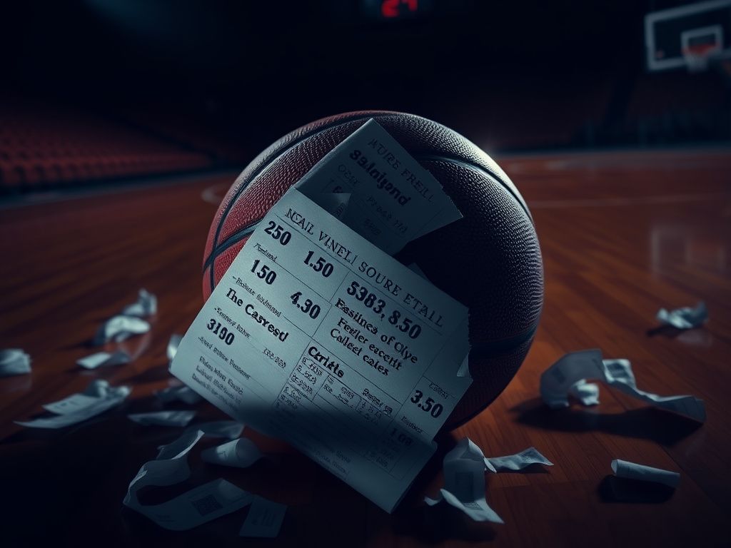 Flick International Close-up of a basketball on a hardwood court with betting odds paper