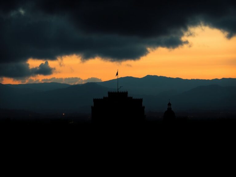Flick International shadowy cityscape at dusk featuring a foreign embassy silhouette