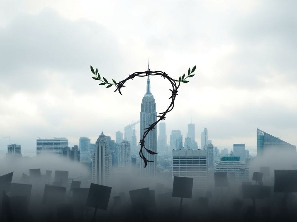 Flick International A symbolic representation of New York City with a skyline and a large question mark made of olive branches and barbed wire.