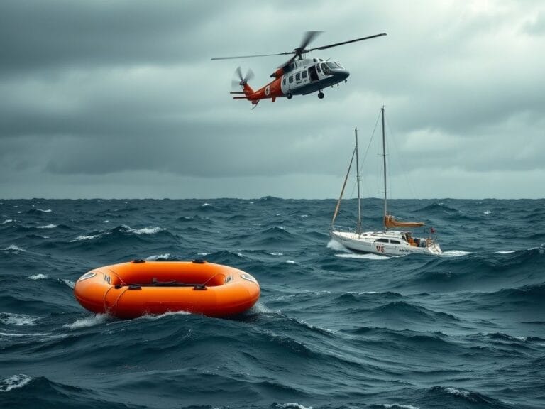 Flick International Coast Guard helicopter hovering over sinking sailboat with life raft in rough ocean waters